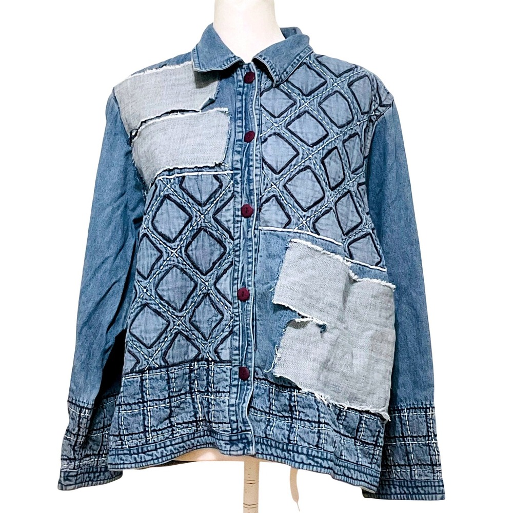 VTG SARA STUDIO 90's denim button shirt jacket embroidered frayed‎ patchwork XL